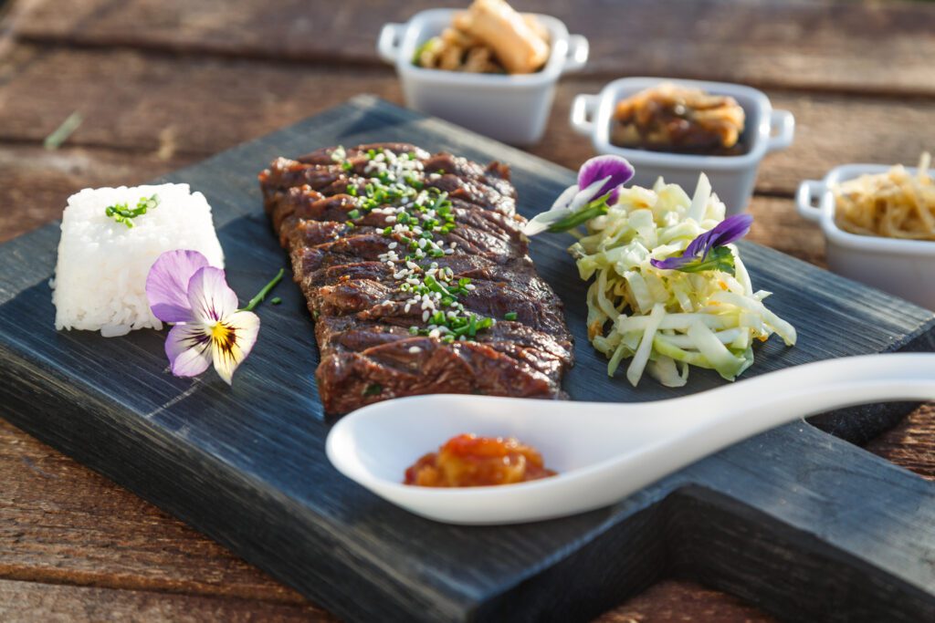 Plate of Kobe Beef with marinated vegetables