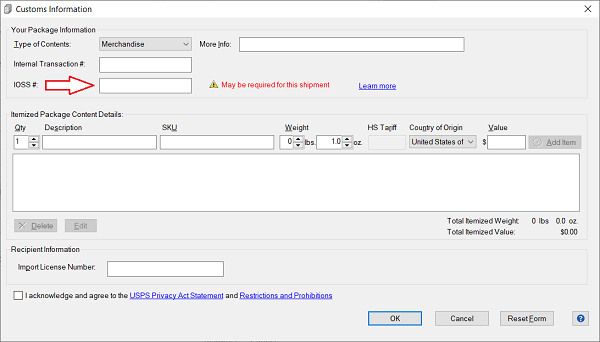 IOSS Number location in software